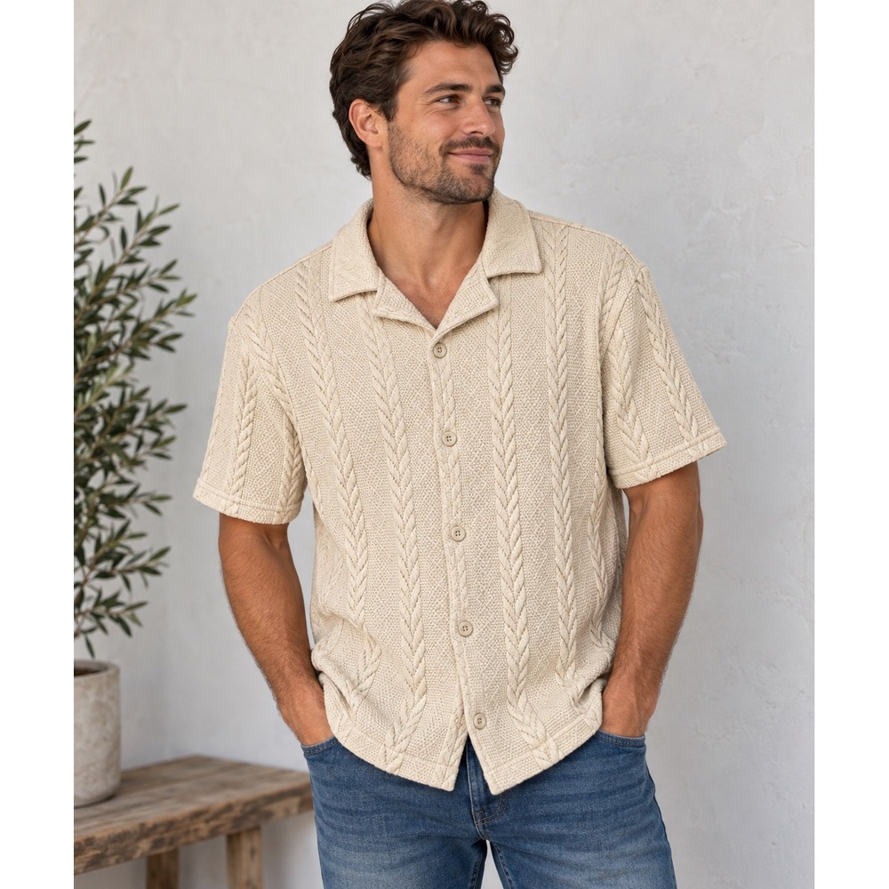 Negative Space Women's Textured Knit Button Front Camp Shirt Small Cream